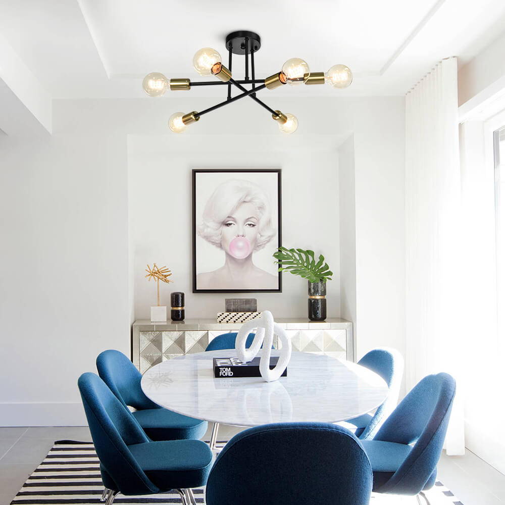 24-Inch Starburst Semi-Flush Ceiling Light with 6 Arms for Low Ceilings | Metallic Finish | Hardwired Dining Room & Kitchen Overhead Fixture | Thomler