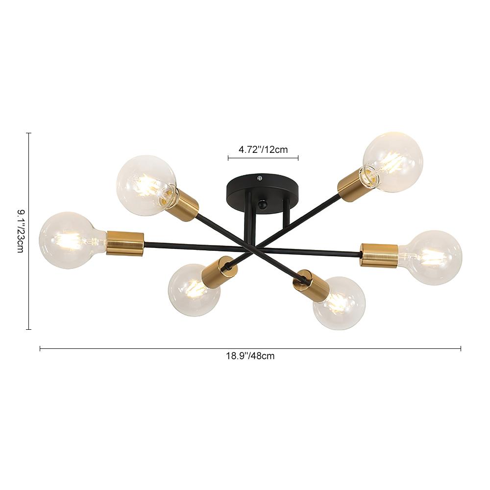 24-Inch Starburst Semi-Flush Ceiling Light with 6 Arms for Low Ceilings | Metallic Finish | Hardwired Dining Room & Kitchen Overhead Fixture | Thomler
