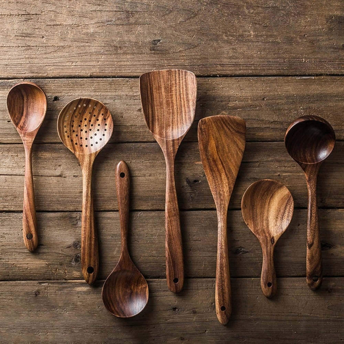 7-Piece Teak Kitchen Tool Set with Ergonomic Grip for Safe Nonstick Pan Use, Soup Stirring, Sauce Prep, Family Meals, Organized Countertop S | Thomler