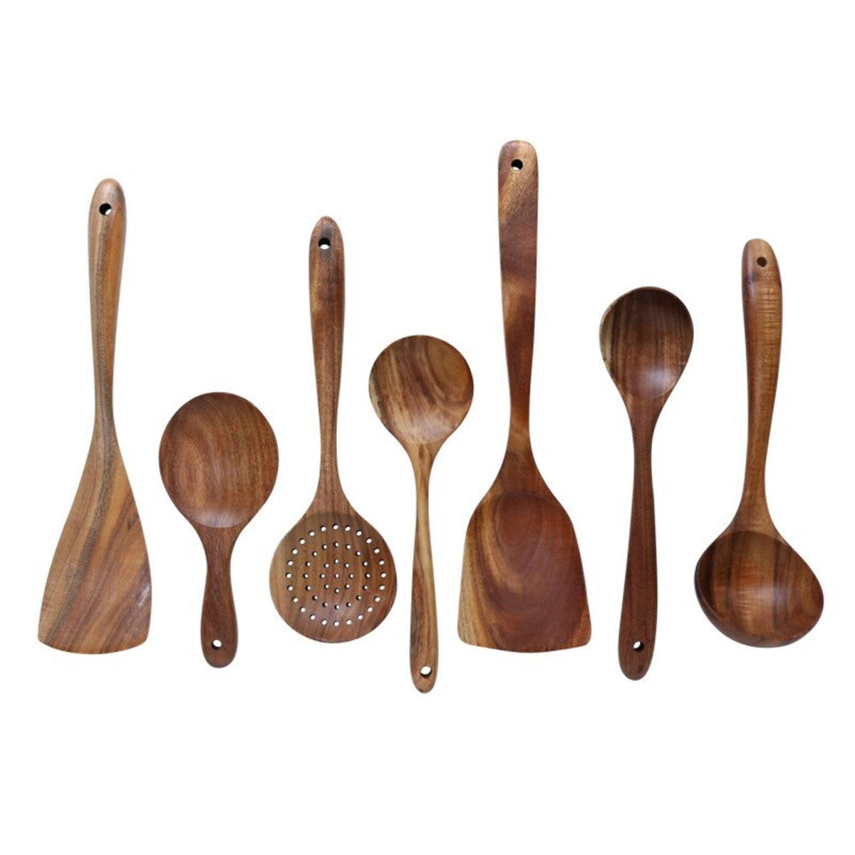 7-Piece Teak Kitchen Tool Set with Ergonomic Grip for Safe Nonstick Pan Use, Soup Stirring, Sauce Prep, Family Meals, Organized Countertop S | Thomler