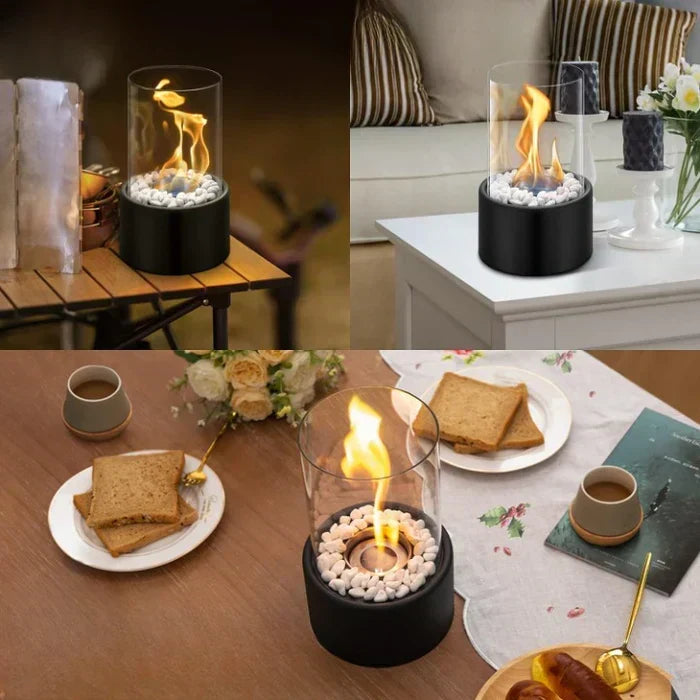 Draagbare tafel-vuurlantaarn met glazen cilinder voor sfeervolle binnen- en buitenverlichting | Gasvlam-accentdecoratie voor terras, eetkamer en woonkamer