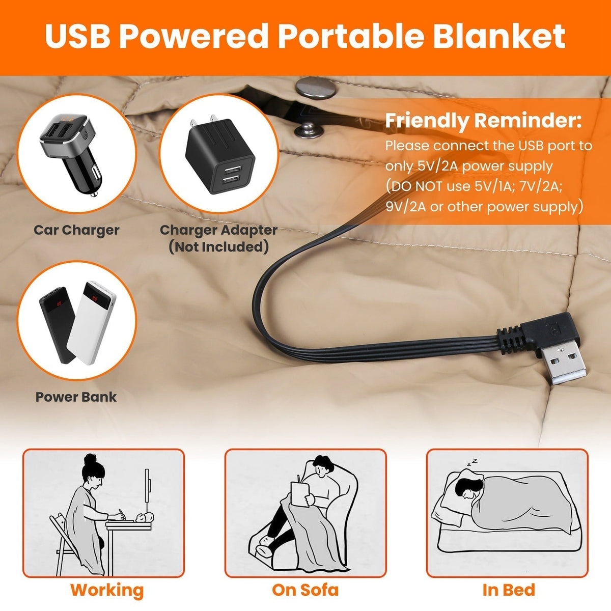 Wearable USB Heated Throw with Arm Slits, Dual Controls & 6 Warmth Zones