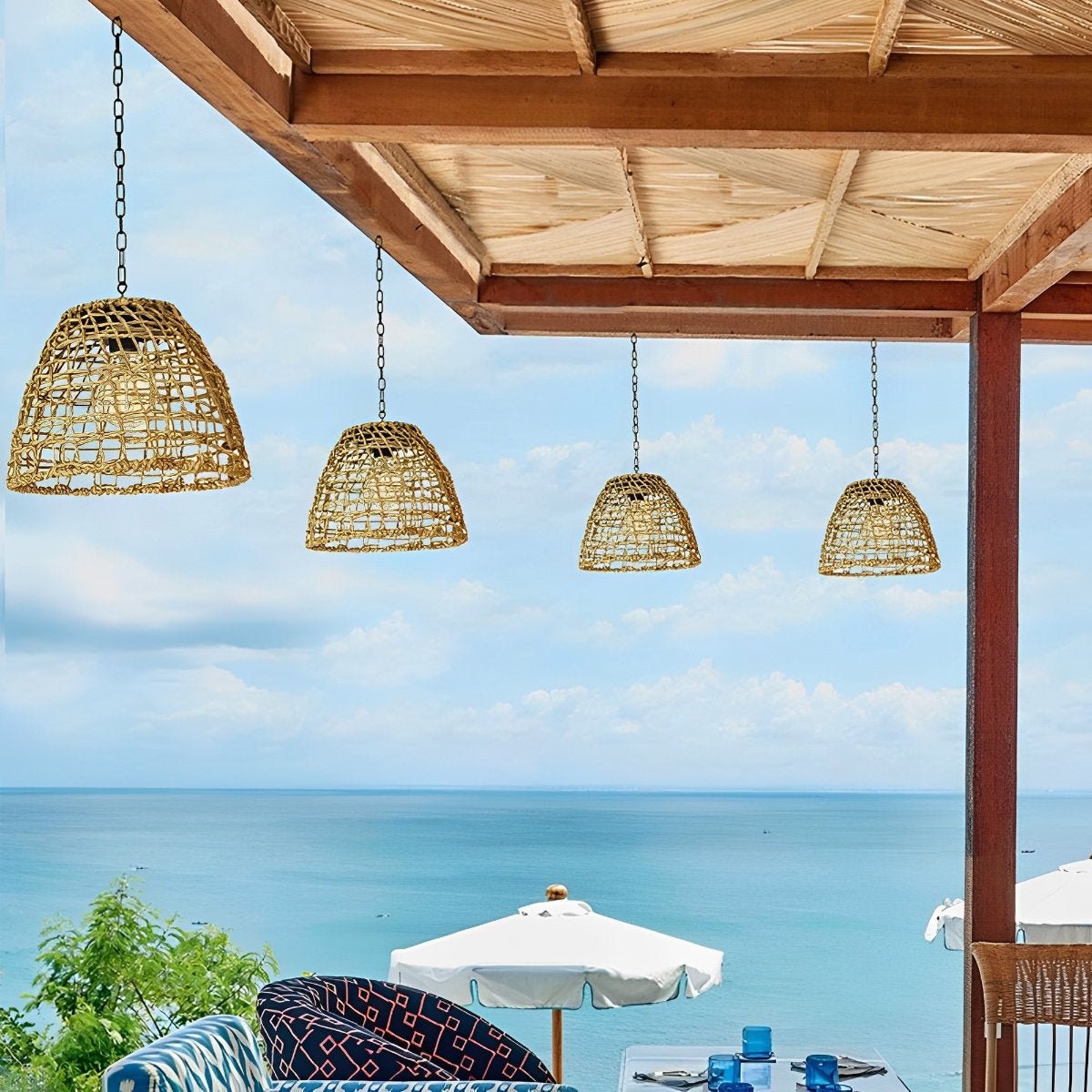 Solar Hanging Lantern for Patio Black Woven Weather-Resistant 9x7in Deck Fixture Cordless Eco LED Warm Glow Courtyard Walkway Outdoor Dining | Thomler