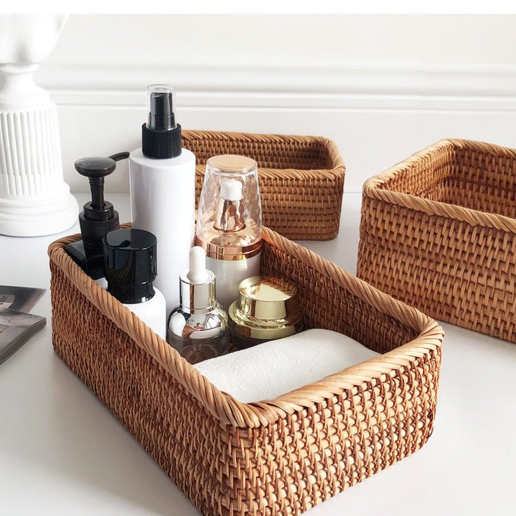 Handwoven Rattan Organizer Tray Natural Basket for Shelves Countertops Drawers Kitchen Bathroom Bedroom Storage Solution Brown Wicker Bin fo | Thomler