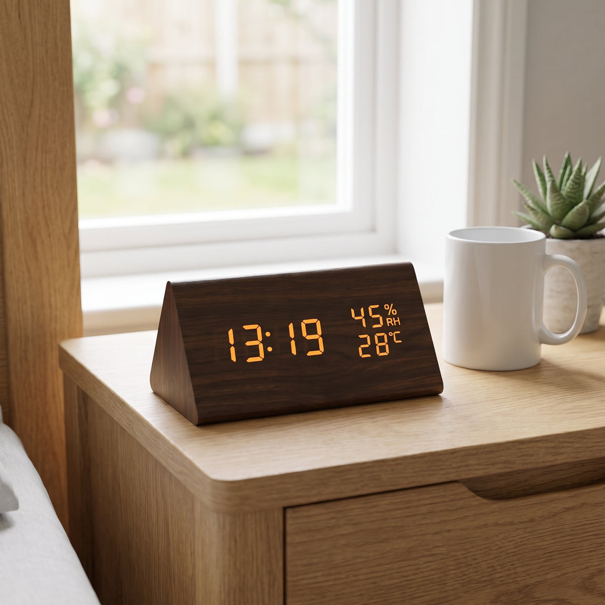 Reloj digital de madera retro con alarma y visualización de fecha