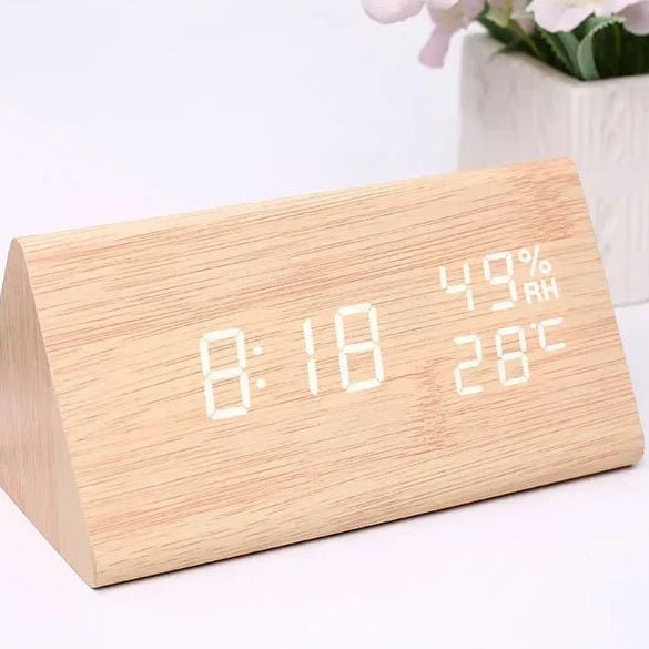 Reloj digital de madera retro con alarma y visualización de fecha