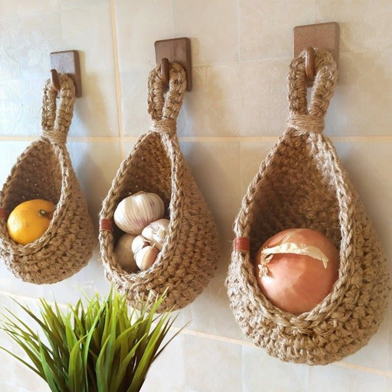 Wall-Mount Rope Produce Organizer 14-Inch Natural Fiber Storage for Fruits Vegetables Kitchen Pantry Rustic Farmhouse Decor | Thomler