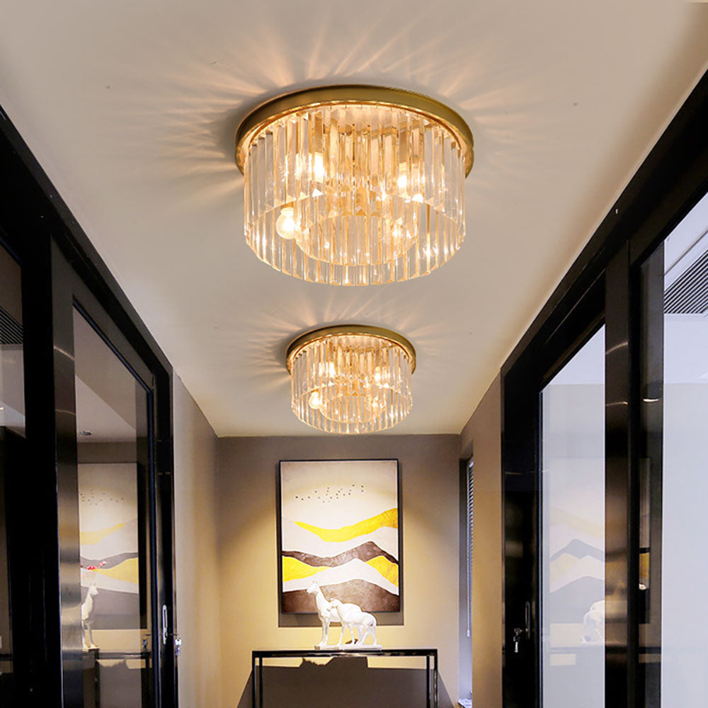 Flush Mount Fixture with Sparkling Accents 16 Inch Brushed Brass Metal Frame Crystal Drops for Entryway Dining Room Bedroom Den Four Bulb So | Thomler