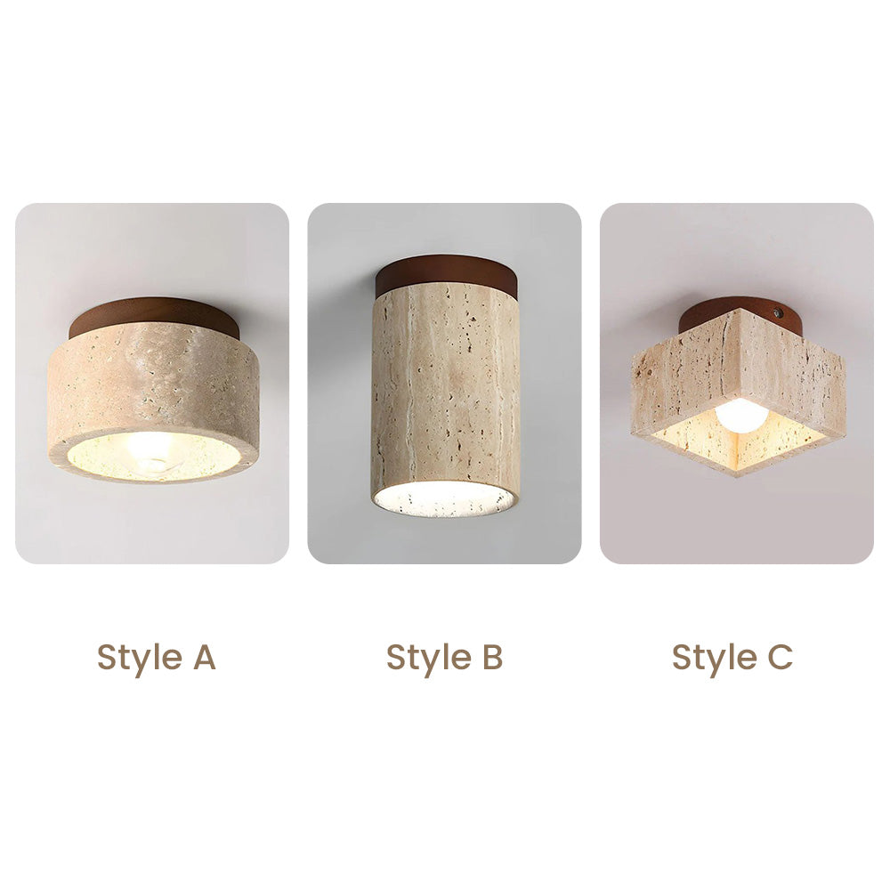 Natural Stone Flush Mount Light with Wooden Accent E26 Base for Bedroom Entryway Living Space Low-Profile Fixture Ambient Overhead Lighting | Thomler