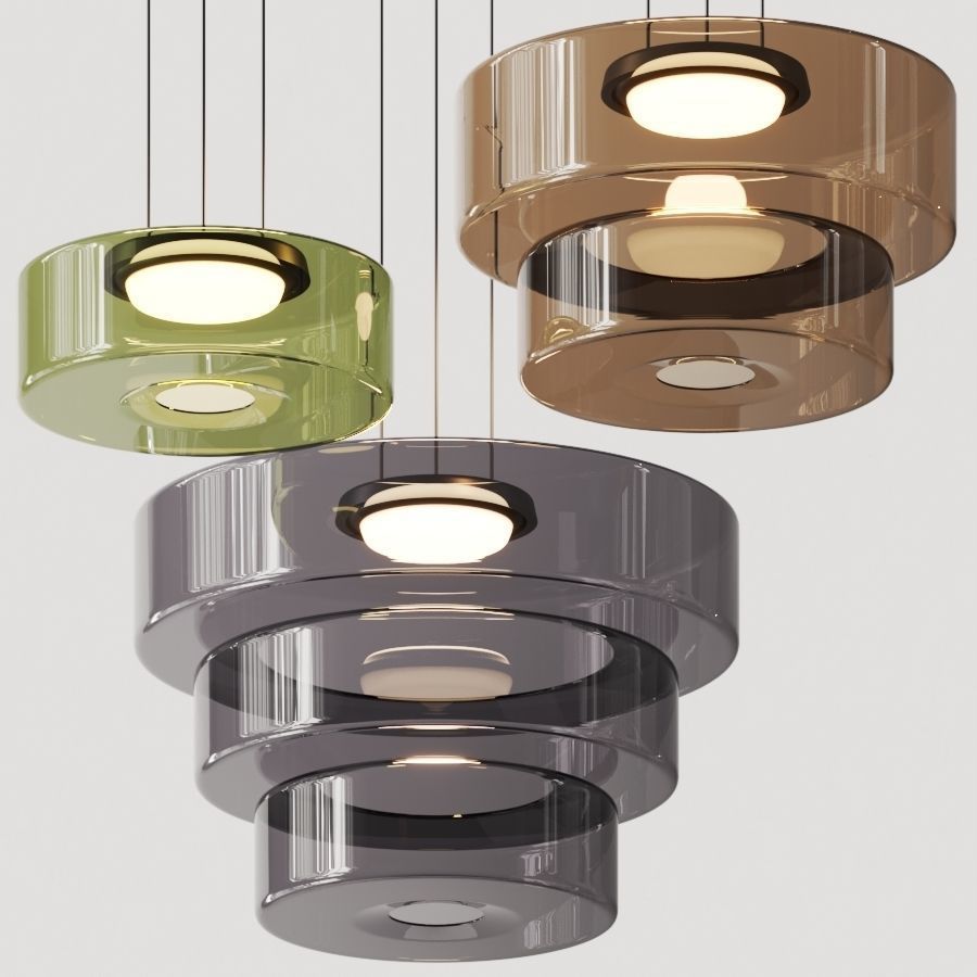 Stacked Glass Shade Ceiling Fixture 18 in Diameter Adjustable Height 12W Warm LED Kitchen Island Dining Room Modern Sculptural Hanging Light | Thomler