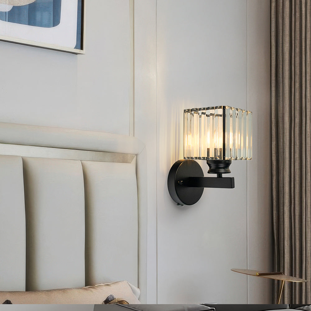 Wandleuchte aus Metall & Glas 23,9 cm, schwarzer strukturierter Schirm für Schlafzimmer, Flur, Wohnzimmer, Ambiente-Beleuchtung, moderne Wohndekoration | Thomler