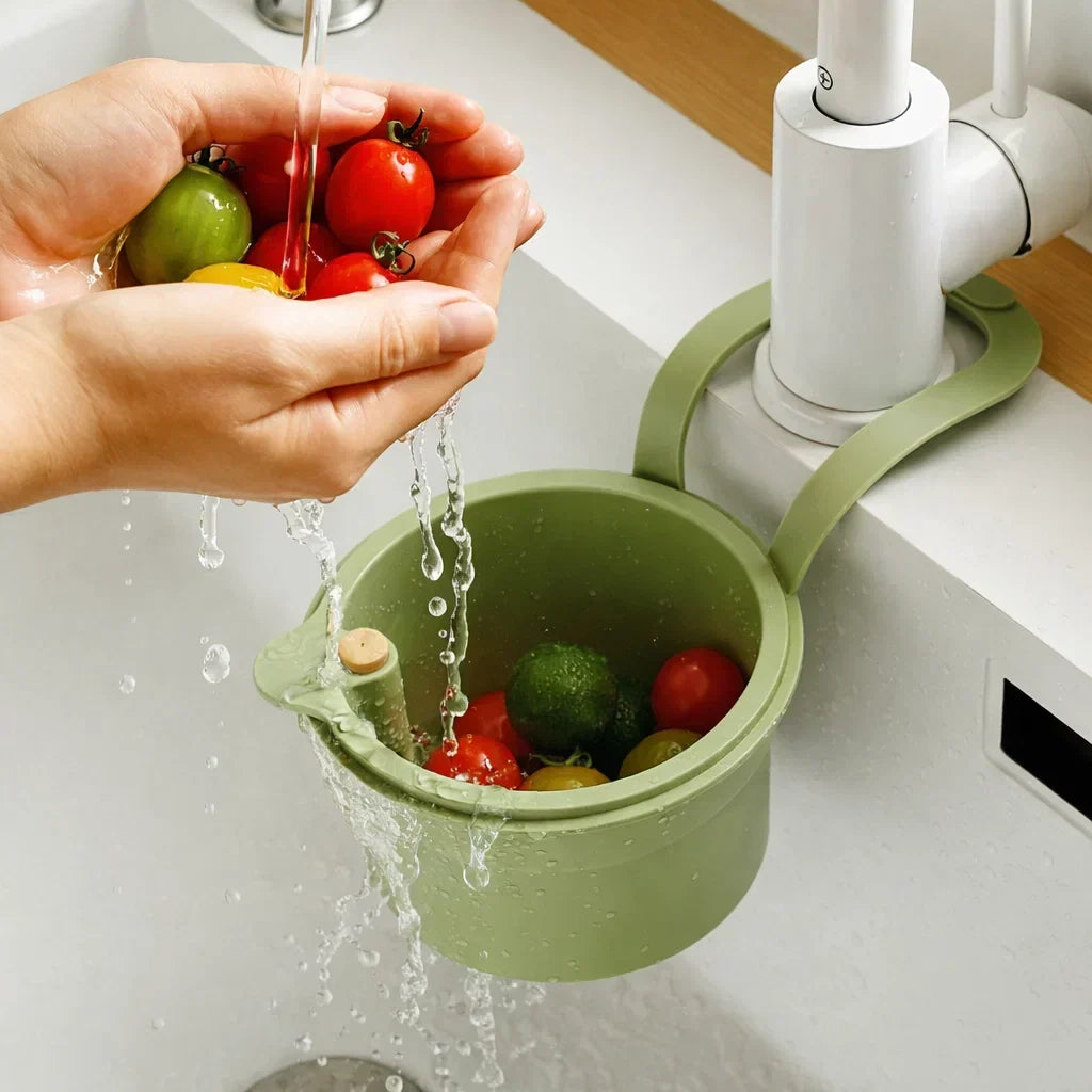 Tap-Mounted Food Scrap Catcher with Push-Button Release 8×5.6×5.1 Inches for Veggie Prep Scraps Fruit Washing Over-Sink Waste Bin | Thomler