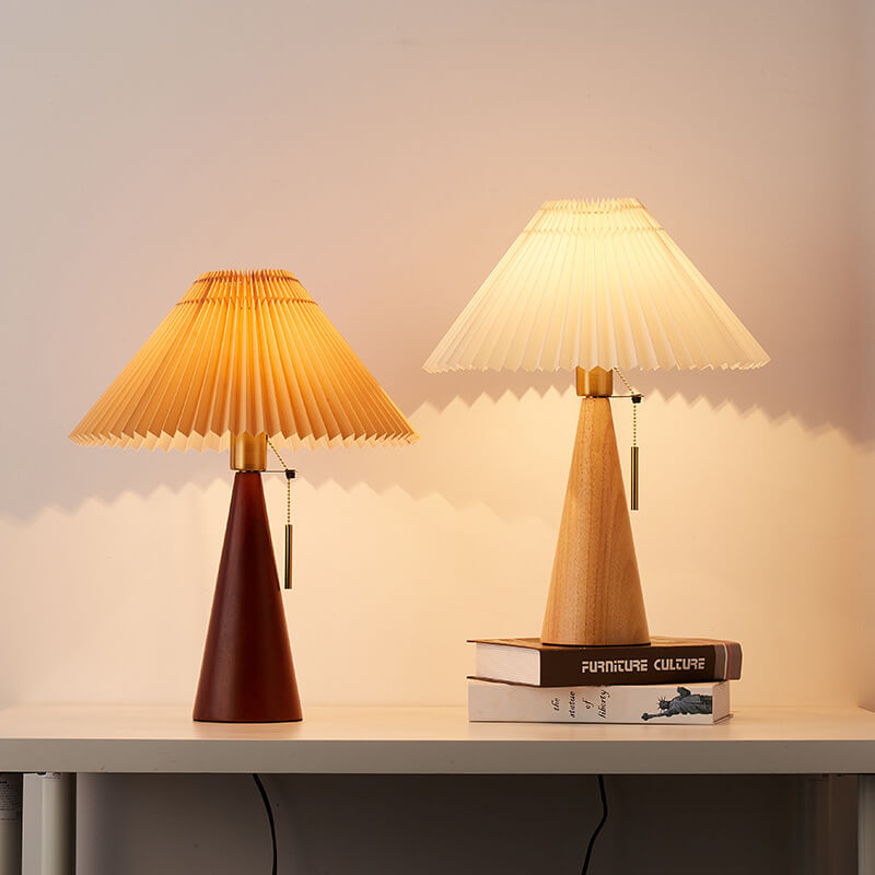 Holz-Nachtischlampe mit plissiertem Lampenschirm, 35,6 cm, dimmbare Stoff-Akzentleuchte für Schlafzimmer, Wohnzimmer, Leseecke, Japandi, skandinavisches Dekor | Thomler