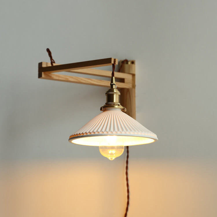 Swing-Arm Sconce with Ribbed Glass Shade 8.3 Inch Light Wood Walnut Brass Accent Fixture for Bedroom Hallway Entryway Reading Adjustable Mou | Thomler
