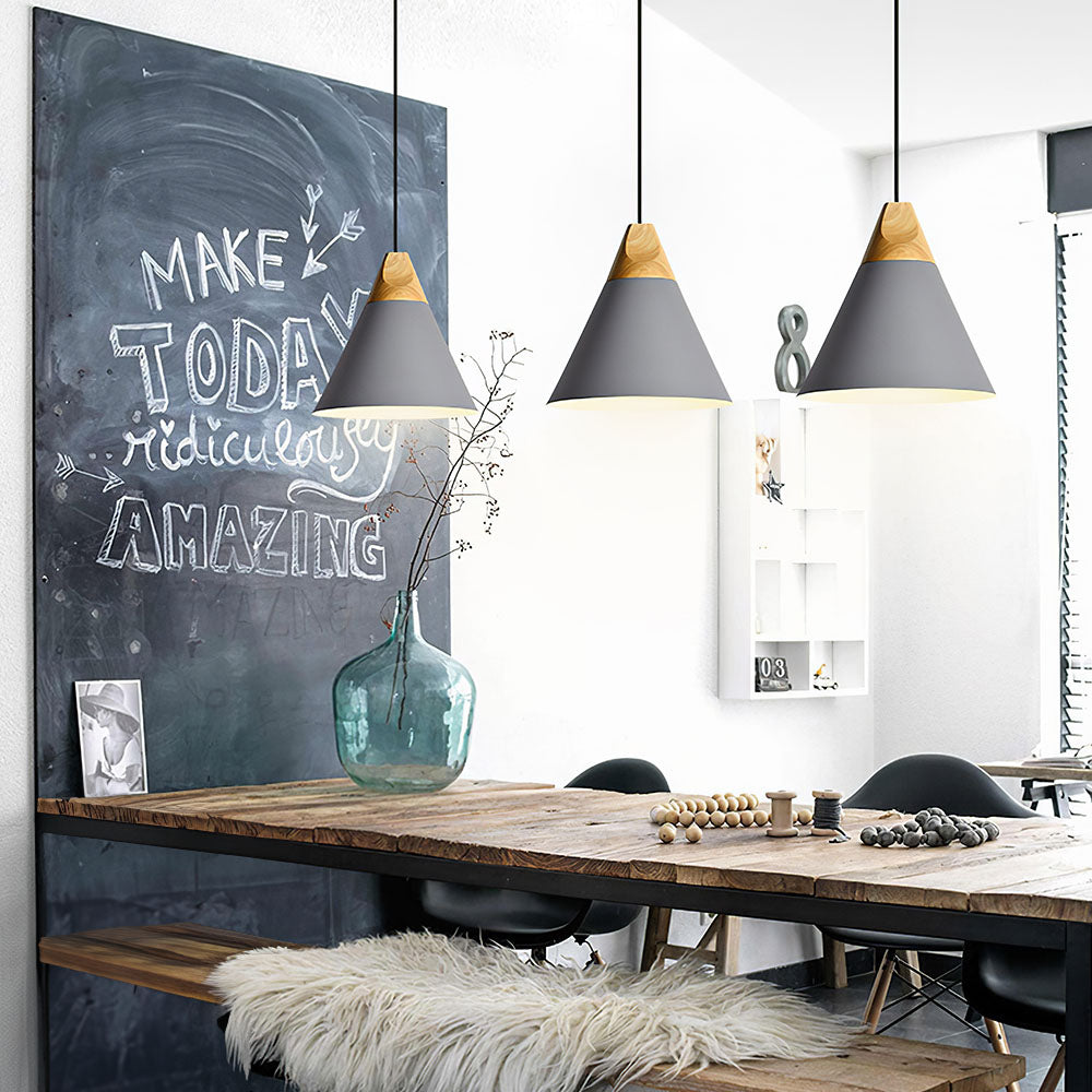 Hängelampe aus Aluminium & Holz E27 Fassung Grau Schwarz Weiß Gelb Kücheninsel Esstisch Deckenleuchte Skandinavischer Stil Modern Minimalistisch | Thomler