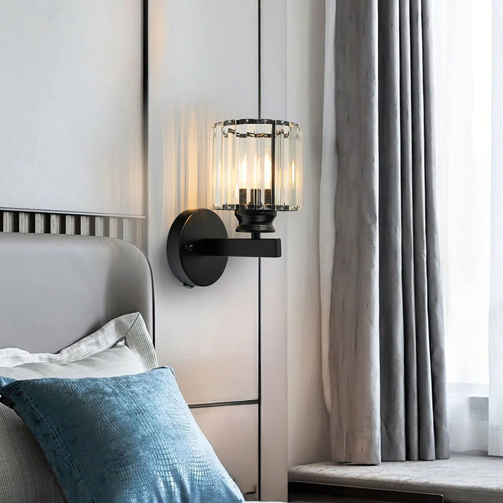 Wandleuchte aus Metall & Glas 23,9 cm, schwarzer strukturierter Schirm für Schlafzimmer, Flur, Wohnzimmer, Ambiente-Beleuchtung, moderne Wohndekoration | Thomler
