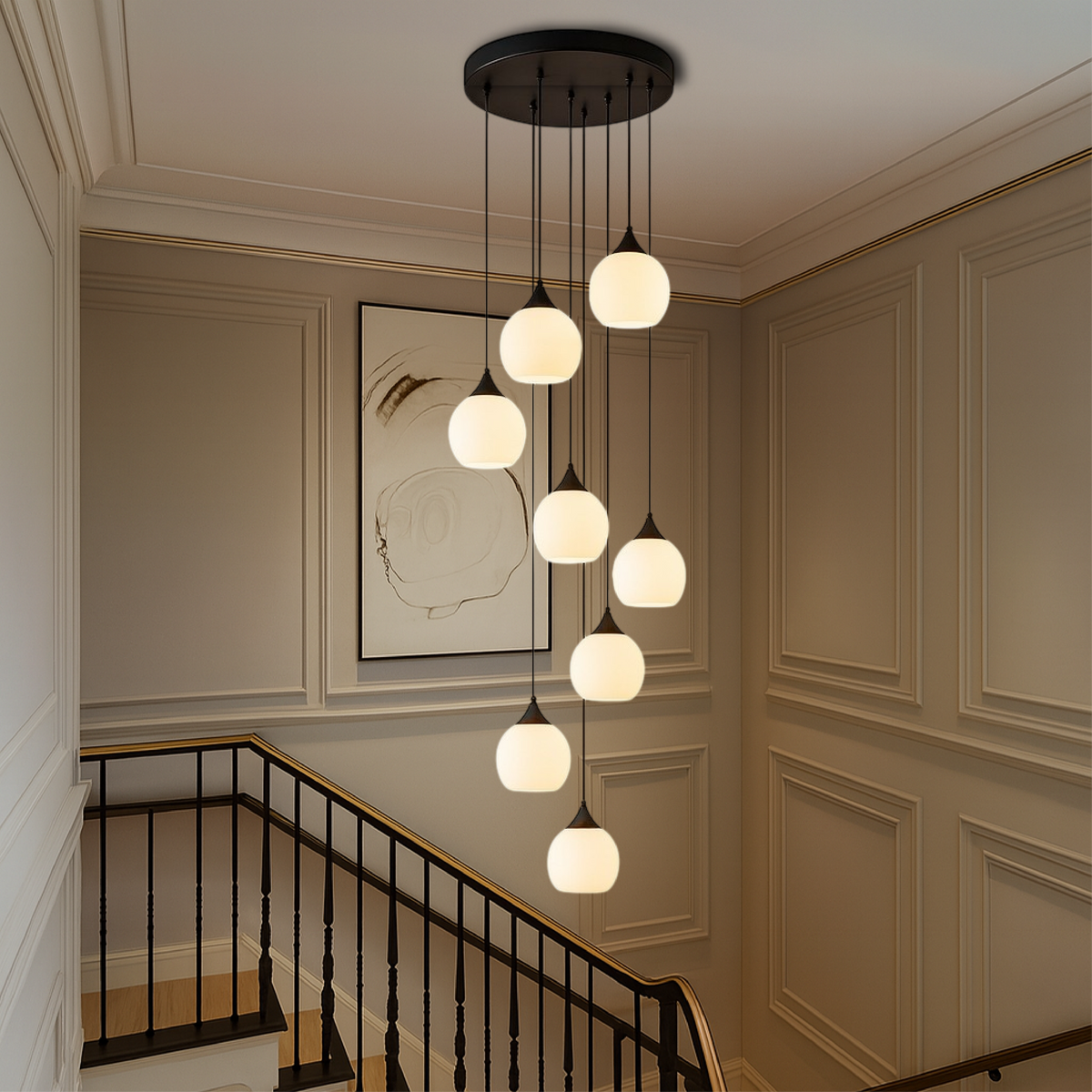 Multi-Drop Glass Globe Stairwell Fixture with Height-Adjustable Cable System for Vertical Spaces Black LED Illumination Mezzanine Entryway F | Thomler