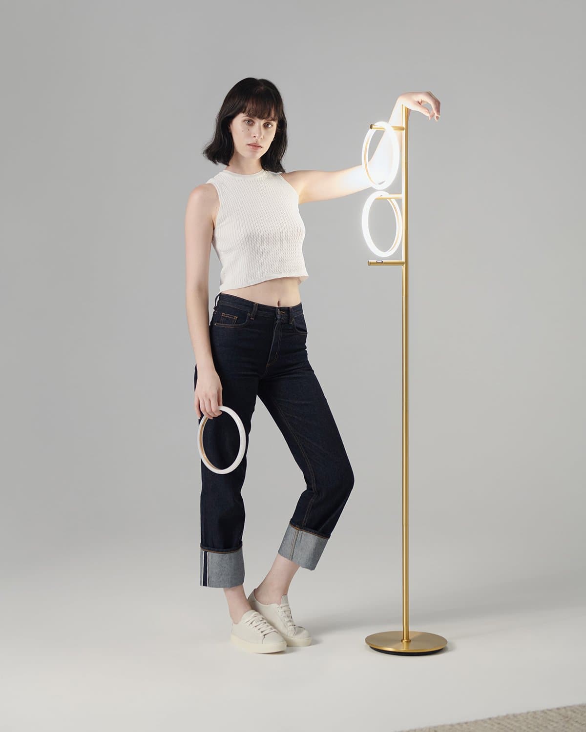 Triple-Ring LED Floor Lamp with Dimmer – 66" Tall Standing Light for Bedroom & Living Areas – Gold Metal Reading Lamp | Thomler