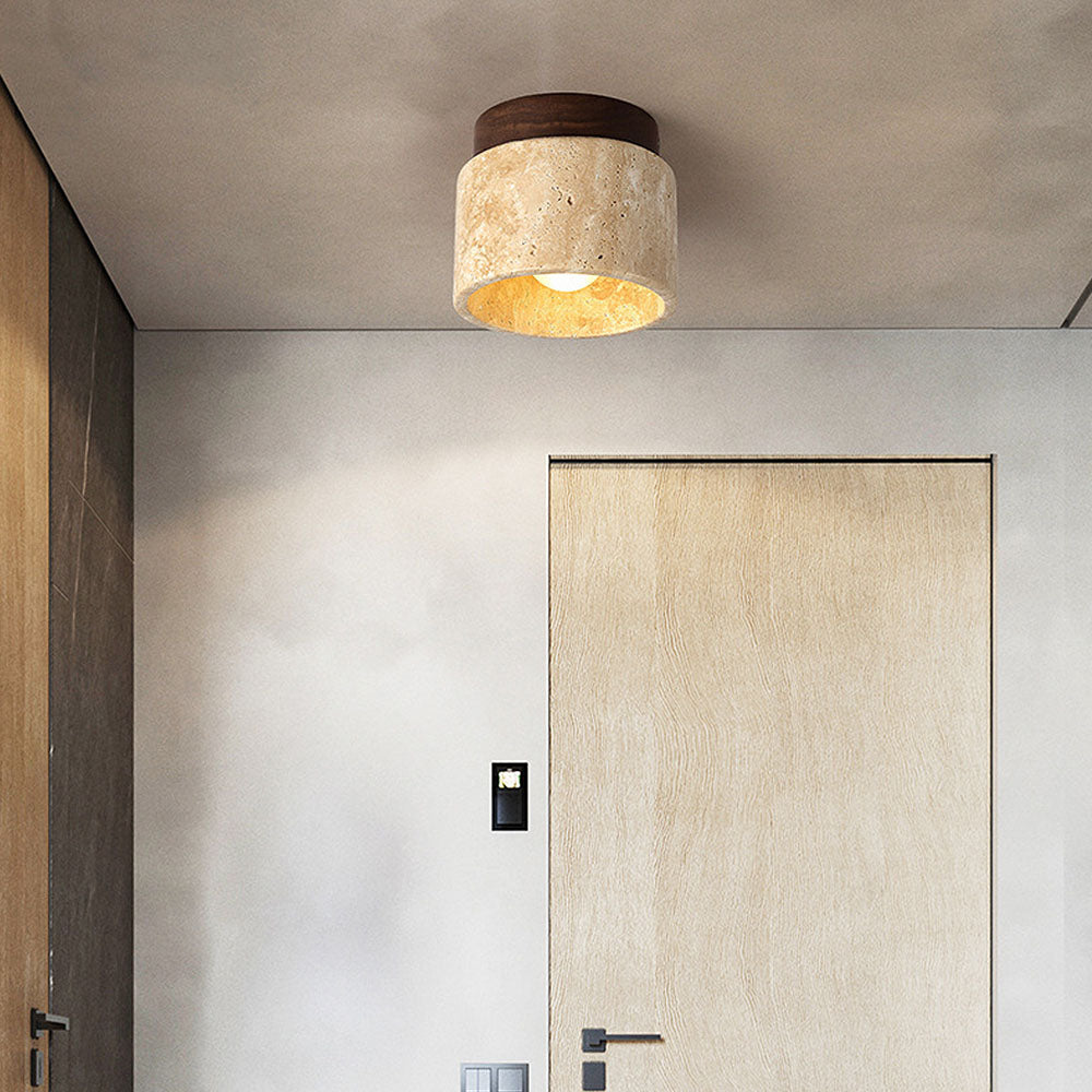 Natural Stone Flush Mount Light with Wooden Accent E26 Base for Bedroom Entryway Living Space Low-Profile Fixture Ambient Overhead Lighting | Thomler