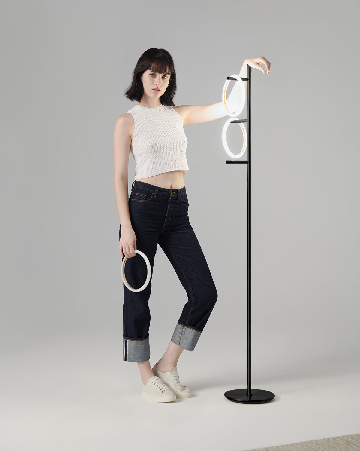 Triple-Ring LED Floor Lamp with Dimmer – 66" Tall Standing Light for Bedroom & Living Areas – Gold Metal Reading Lamp | Thomler
