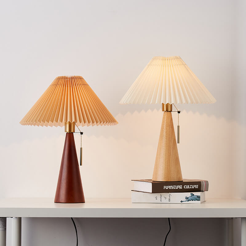 Holz-Nachtischlampe mit plissiertem Lampenschirm, 35,6 cm, dimmbare Stoff-Akzentleuchte für Schlafzimmer, Wohnzimmer, Leseecke, Japandi, skandinavisches Dekor | Thomler