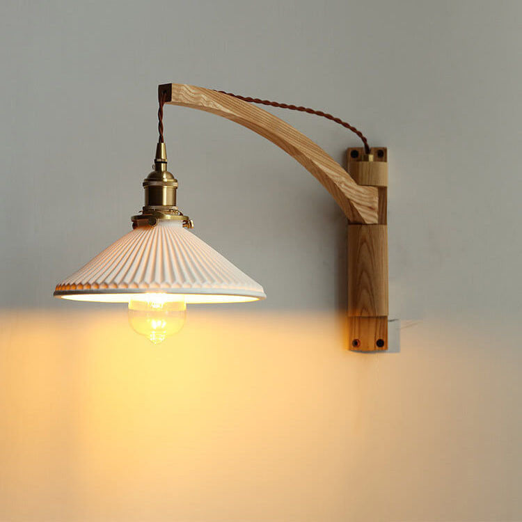 Swing-Arm Sconce with Ribbed Glass Shade 8.3 Inch Light Wood Walnut Brass Accent Fixture for Bedroom Hallway Entryway Reading Adjustable Mou | Thomler