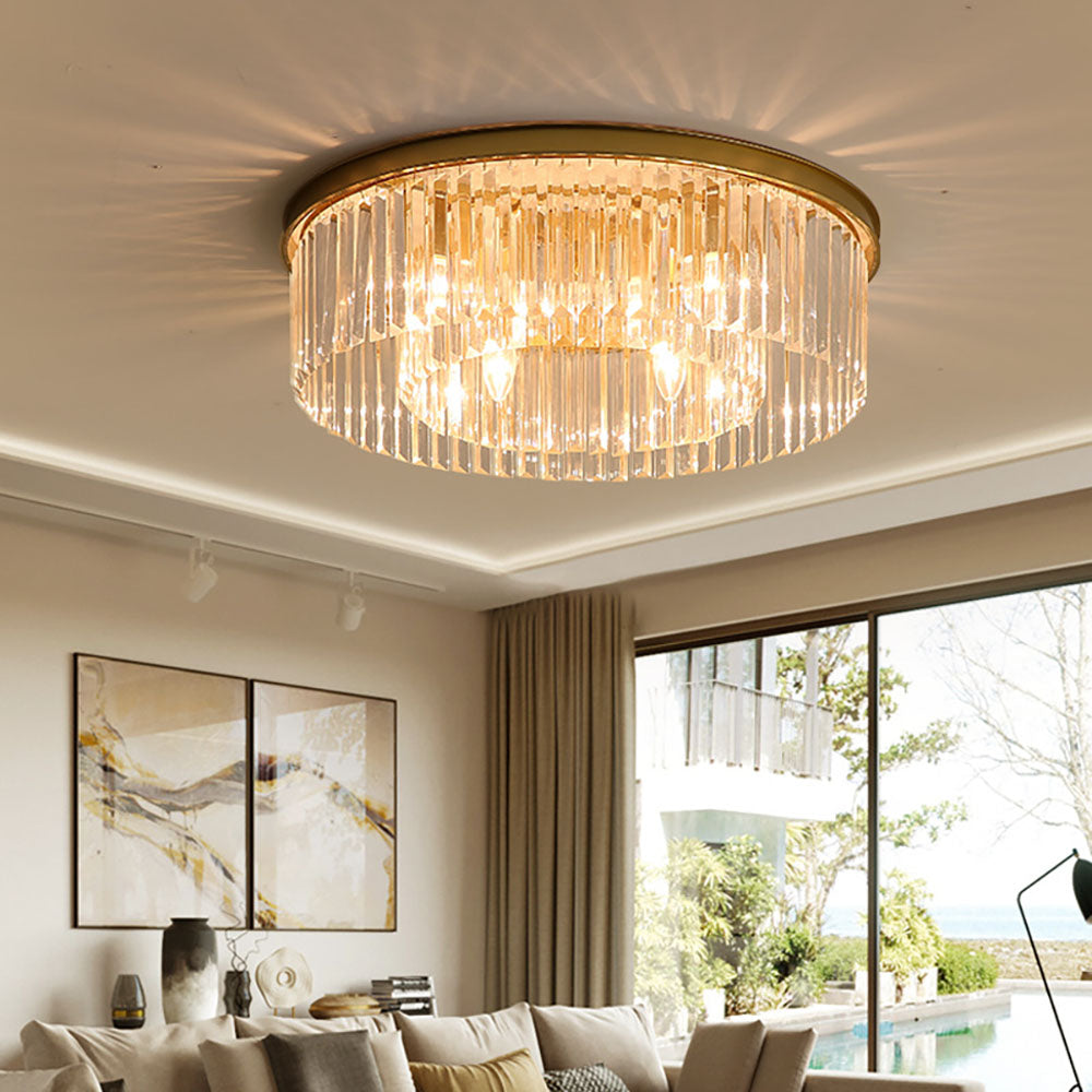 Flush Mount Fixture with Sparkling Accents 16 Inch Brushed Brass Metal Frame Crystal Drops for Entryway Dining Room Bedroom Den Four Bulb So | Thomler