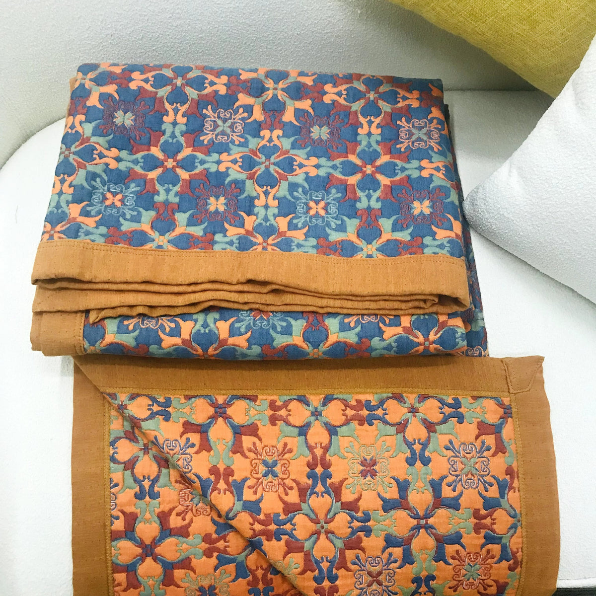 Zeslaags katoenen quilt, omkeerbare lichtgewicht deken, oranje-blauw geometrisch patroon, voor het hele jaar door comfort, slaapkamer, logeerkamer