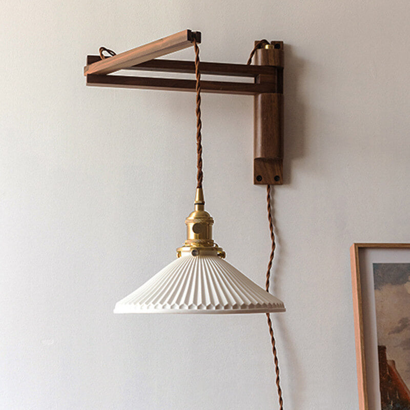 Swing-Arm Sconce with Ribbed Glass Shade 8.3 Inch Light Wood Walnut Brass Accent Fixture for Bedroom Hallway Entryway Reading Adjustable Mou | Thomler