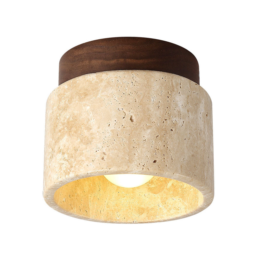 Natural Stone Flush Mount Light with Wooden Accent E26 Base for Bedroom Entryway Living Space Low-Profile Fixture Ambient Overhead Lighting | Thomler
