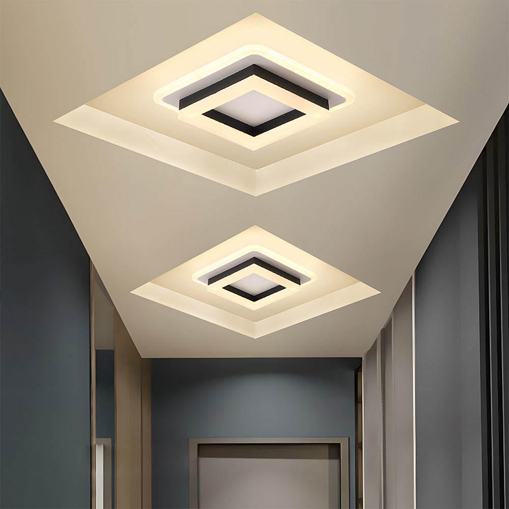 Flush Mount LED Light Fixture Square Layered Design 1920 Lumens for Bedroom Hallway Living Room Kitchen Den Black Gold Finish Contemporary M | Thomler