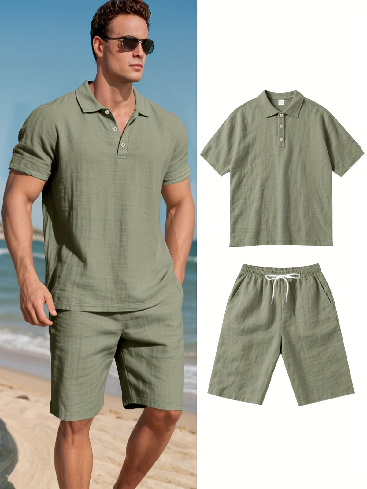 Herren-Set aus kurzärmligem Polohemd und Shorts aus Leinen, sommerliches Zweiteiler-Outfit, leicht und atmungsaktiv, Freizeitkleidung für warmes Wetter