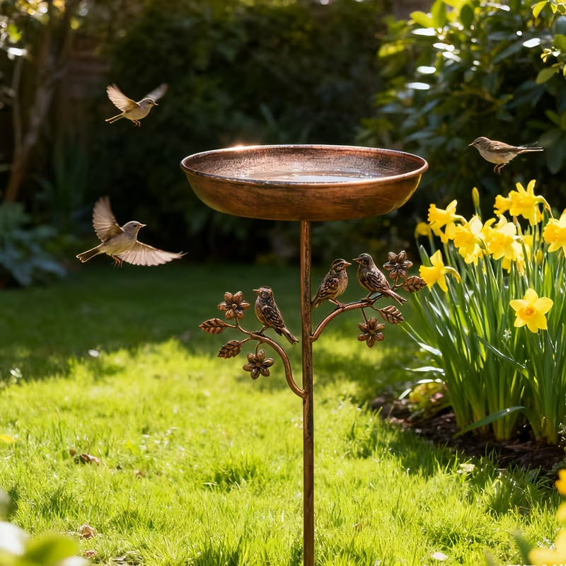 Metal Bird Bath on Garden Stake with Vintage Copper-Tone Finish for Yard & Patio, Easy Assembly Outdoor Birdbath Bowl for Songbirds | Thomler