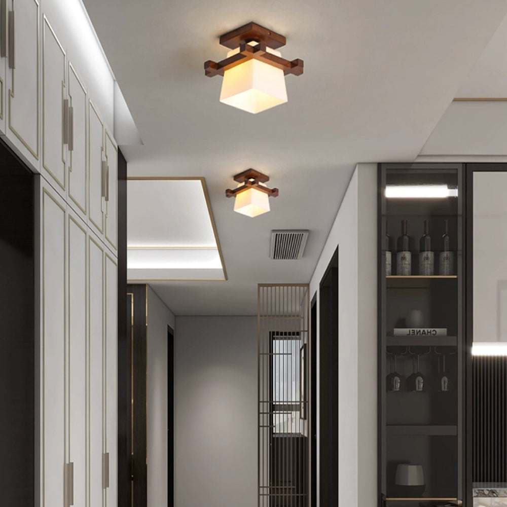Square Flush Mount Overhead Light Fixture E27 Socket 7.9 Inch White Wood Accent for Bedroom Hallway Living Room Minimalist Scandinavian Mode | Thomler