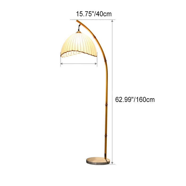 Bogen-Stehleuchte mit plissiertem Schirm, 160 cm, natürliche Oberfläche, weißer Stoff, dimmbare Ambientebeleuchtung für Schlaf- und Wohnzimmer, Modern Retro Design | Thomler