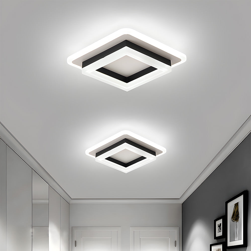 Square LED Flush Mount Ceiling Light 7.7 in Black Gold Modern Geometric Fixture for Bedroom Hallway Office Entryway Layered Frame Low Profil | Thomler