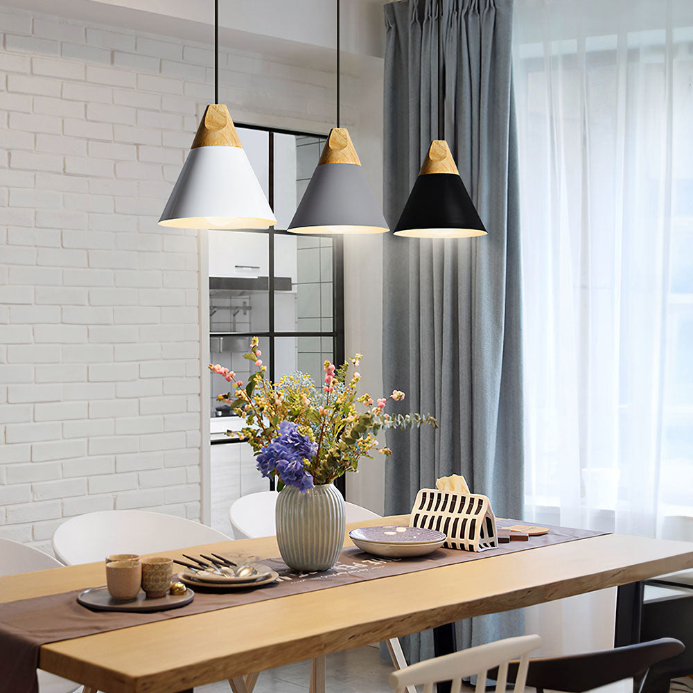 Hängelampe aus Aluminium & Holz E27 Fassung Grau Schwarz Weiß Gelb Kücheninsel Esstisch Deckenleuchte Skandinavischer Stil Modern Minimalistisch | Thomler