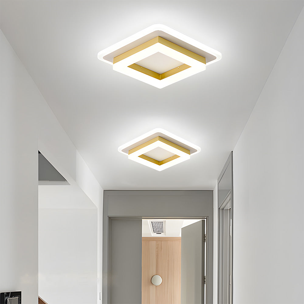 Square LED Flush Mount Ceiling Light 7.7 in Black Gold Modern Geometric Fixture for Bedroom Hallway Office Entryway Layered Frame Low Profil | Thomler