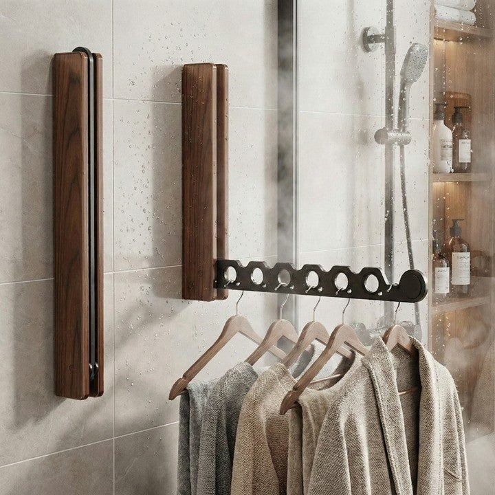 Wall-Mounted Folding Clothes Rack in Wood for Bedrooms, Entryways & Small Spaces | Space-Saving Garment Hanger with Easy Install | Thomler