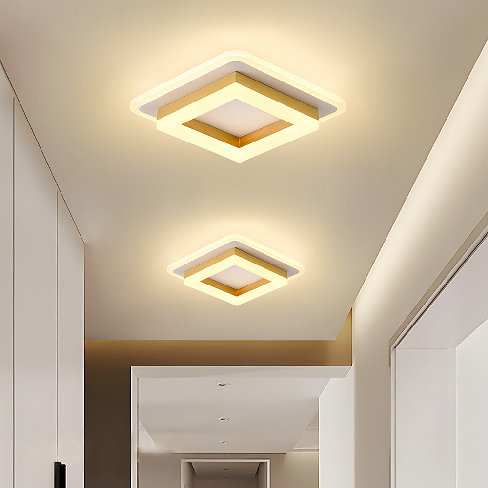 Square LED Flush Mount Ceiling Light 7.7 in Black Gold Modern Geometric Fixture for Bedroom Hallway Office Entryway Layered Frame Low Profil | Thomler