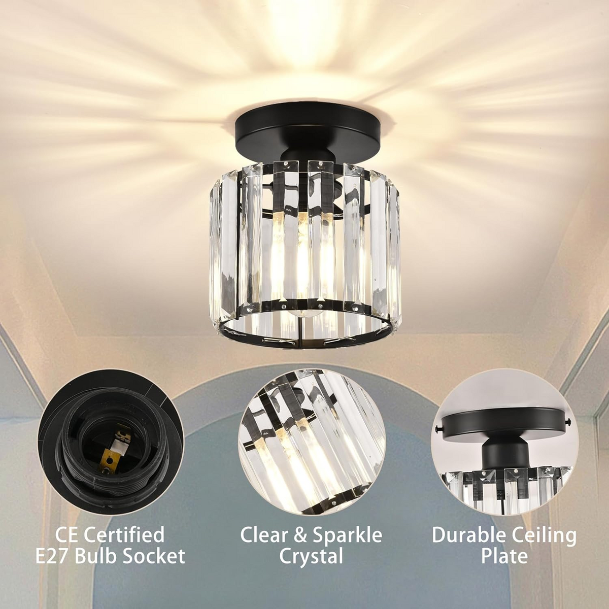 Cube Crystal Flush Mount Ceiling Light with Brass Frame 10 Inch for Bedroom Hallway Entryway Living Room Office Modern Home Lighting Fixture | Thomler