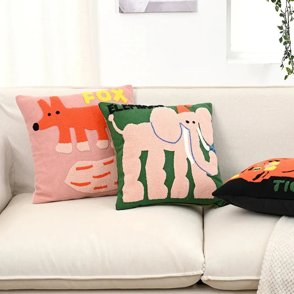Embroidered Throw Pillow Cover 18x18 Inch Square Animal Motif Scandinavian Style Cotton Poly Blend Slipcase Sofa Bedroom Decor Couch Accent | Thomler