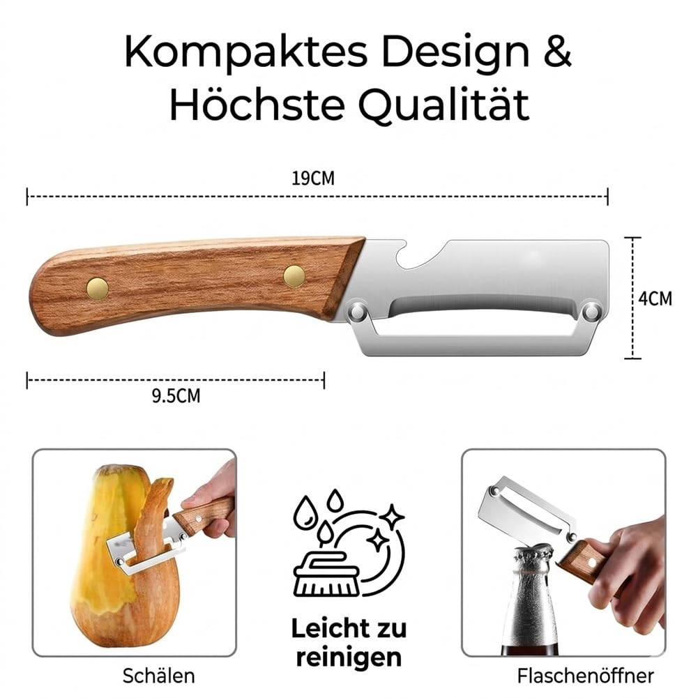 Keukenmultitool: dunschiller, snijder en flesopener met houten handvat, 5-delige set voor het bereiden van groenten en fruit, keukengerei voor de hobbykok | Thomler