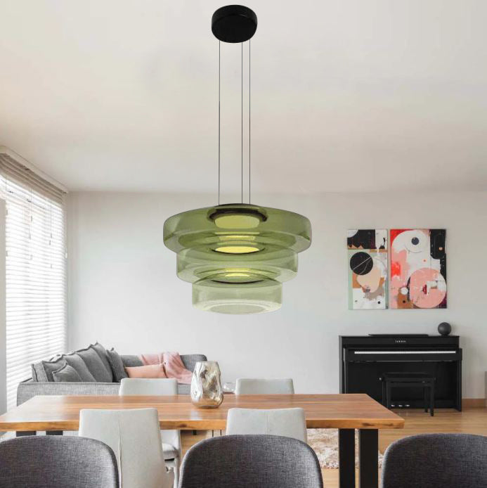 Stacked Glass Shade Ceiling Fixture 18 in Diameter Adjustable Height 12W Warm LED Kitchen Island Dining Room Modern Sculptural Hanging Light | Thomler