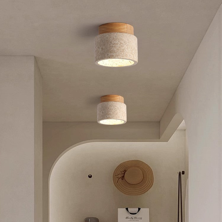 Natural Stone Flush Mount Light with Wooden Accent E26 Base for Bedroom Entryway Living Space Low-Profile Fixture Ambient Overhead Lighting | Thomler