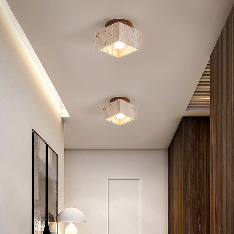 Natural Stone Flush Mount Light with Wooden Accent E26 Base for Bedroom Entryway Living Space Low-Profile Fixture Ambient Overhead Lighting | Thomler