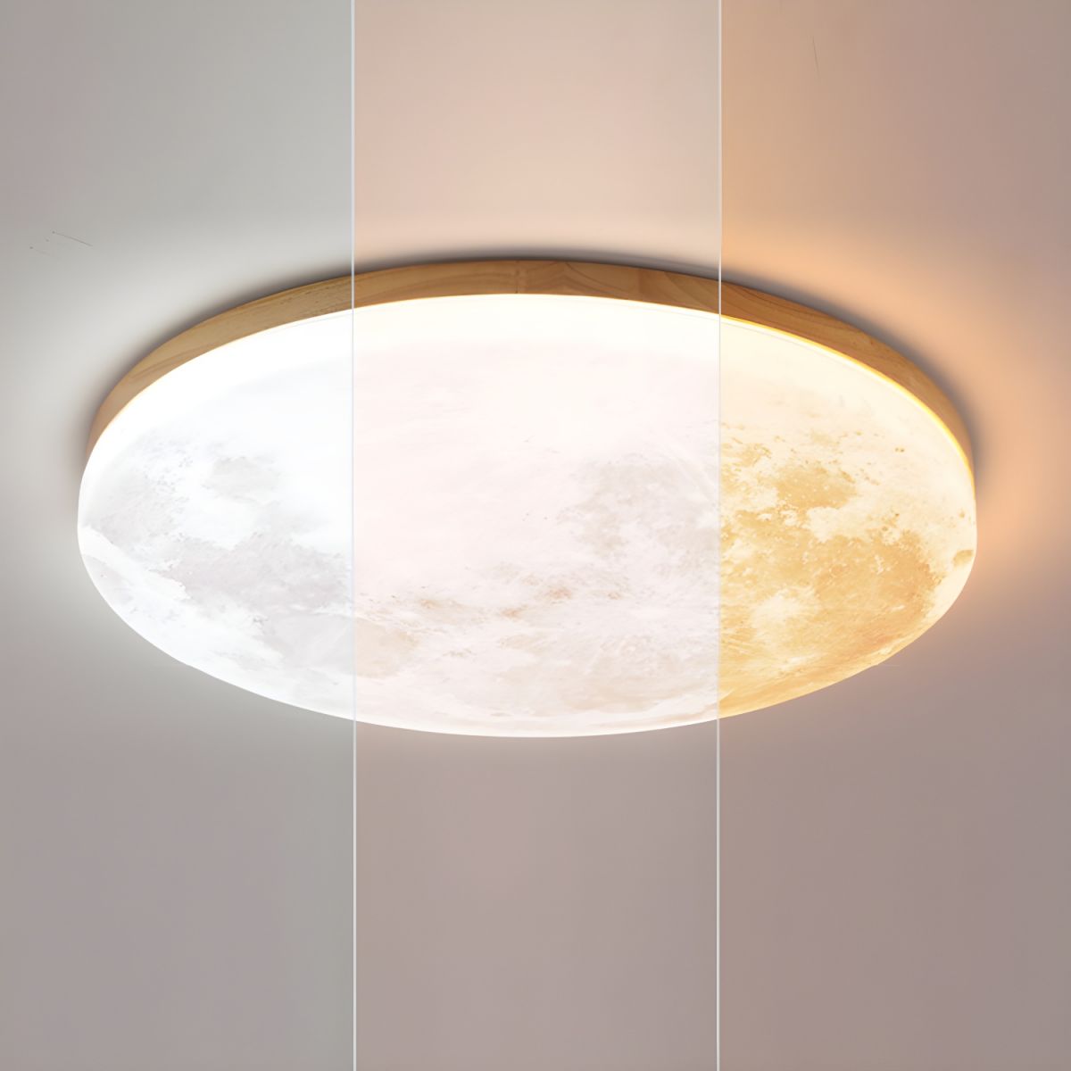 Runde LED-Unterputz-Deckenleuchte mit Mondoberflächen-Design, Holz & Acryl, 48 cm Durchmesser, für Schlafzimmer, Wohnzimmer und Flure, modernes Ambiente