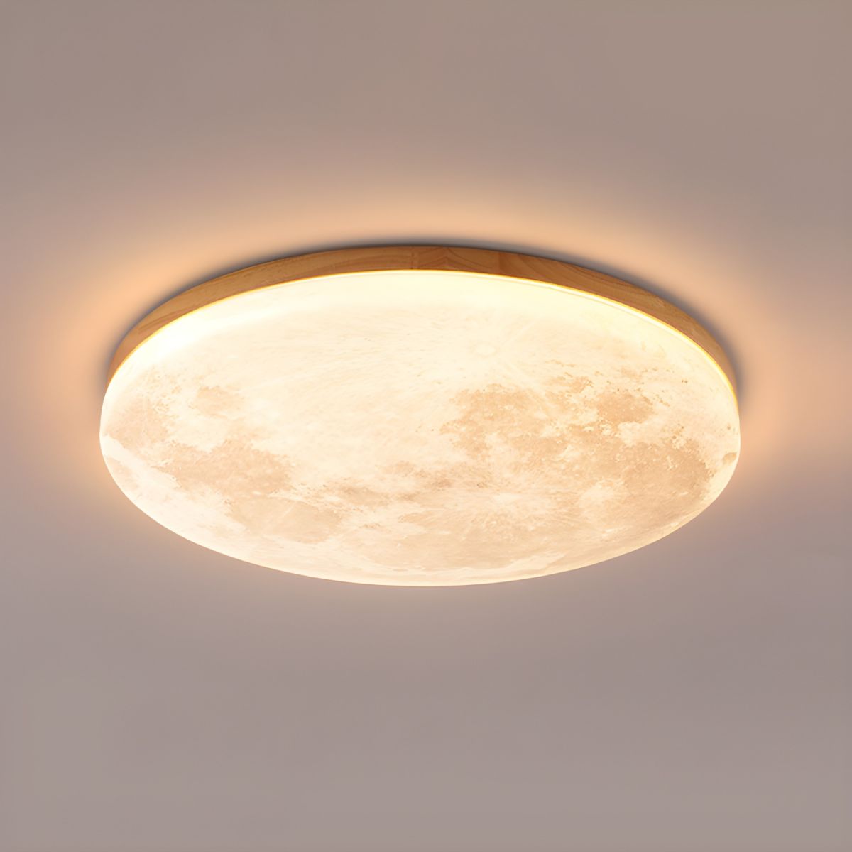 Runde LED-Unterputz-Deckenleuchte mit Mondoberflächen-Design, Holz & Acryl, 48 cm Durchmesser, für Schlafzimmer, Wohnzimmer und Flure, modernes Ambiente