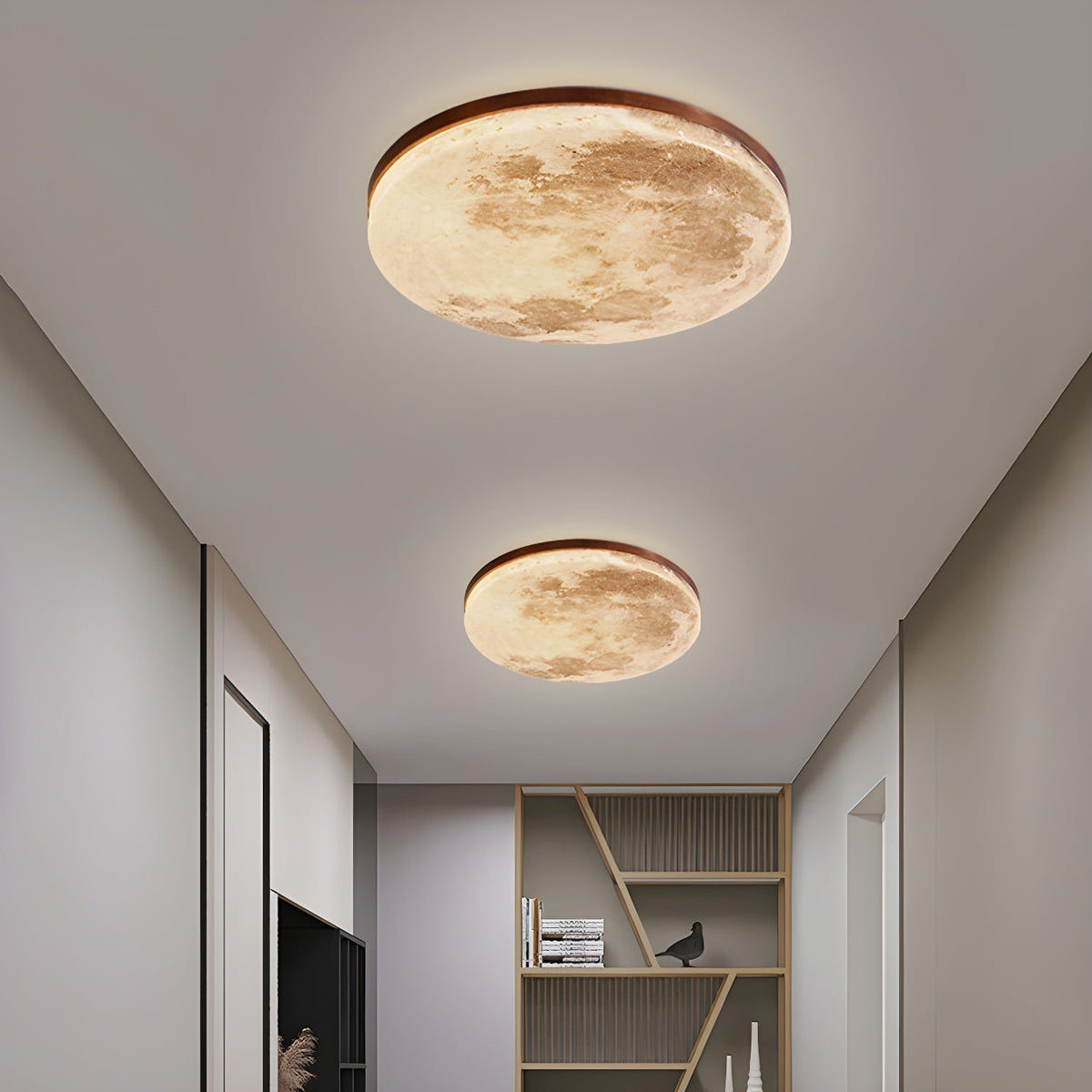 Runde LED-Unterputz-Deckenleuchte mit Mondoberflächen-Design, Holz & Acryl, 48 cm Durchmesser, für Schlafzimmer, Wohnzimmer und Flure, modernes Ambiente