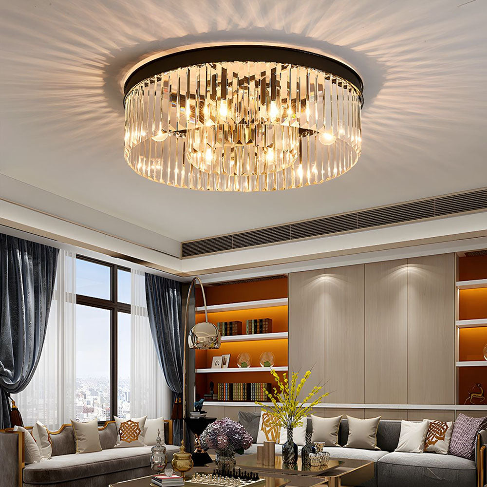 Flush Mount Fixture with Sparkling Accents 16 Inch Brushed Brass Metal Frame Crystal Drops for Entryway Dining Room Bedroom Den Four Bulb So | Thomler
